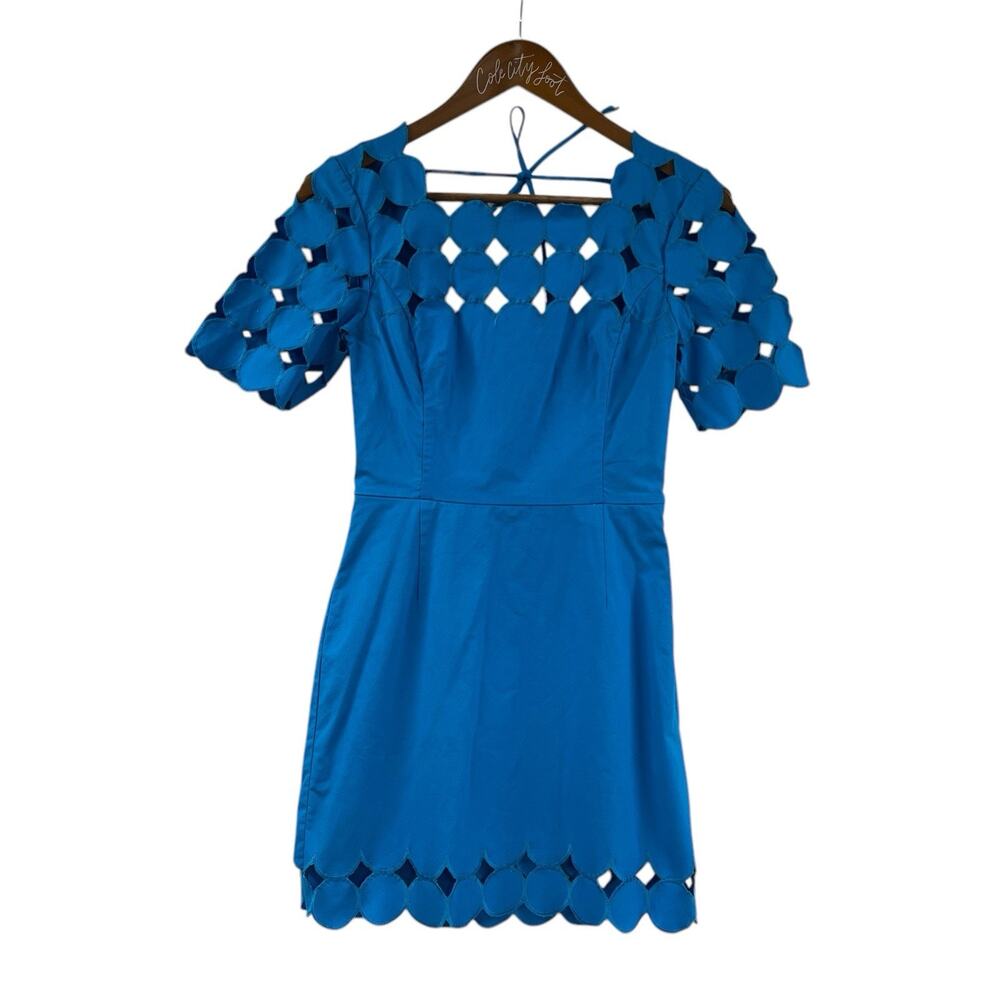 Anthropologie Cutwork Mini Shift Dress 0P Petite Blue Open Back Party Dress